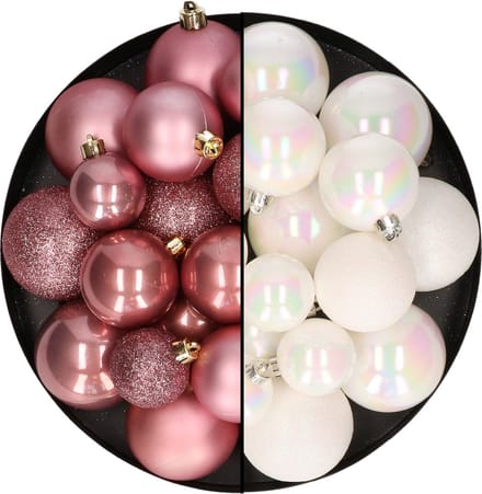 Kerstballen 60x stuks - mix oudroze/parelmoer wit - 4-5-6 cm - kunststof - kerstversiering