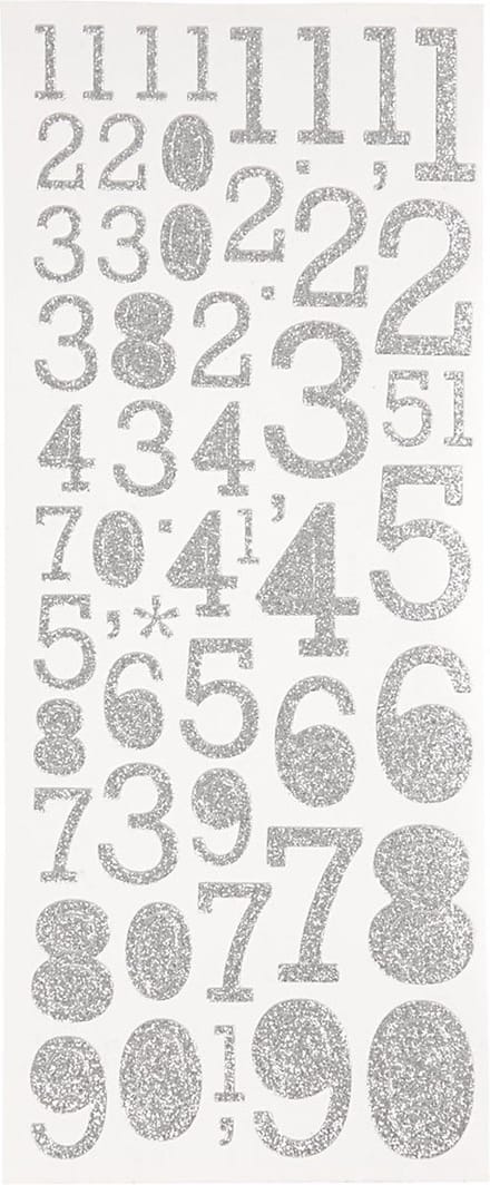 Glitterstickers, cijfers, vel 10x24 cm, zilver, 2 vel/ 1 doos