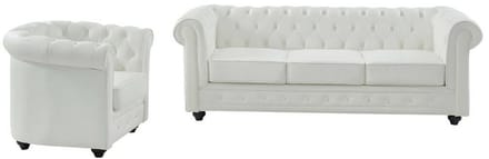 Vente-unique Driezitsbank en fauteuil van buffelleer CHESTERFIELD - Wit