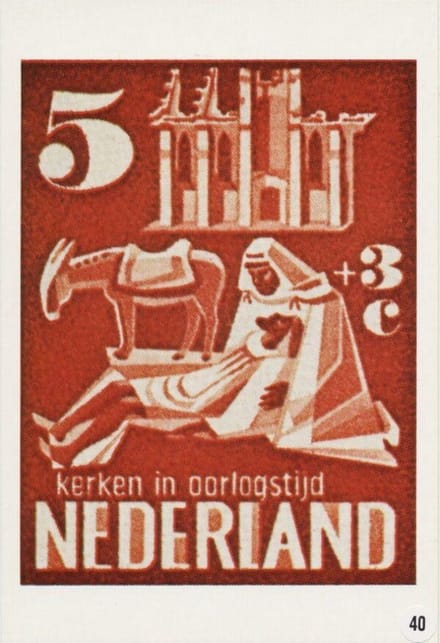 Briefkaart met afbeelding kerken in oorlogstijd postzegel
