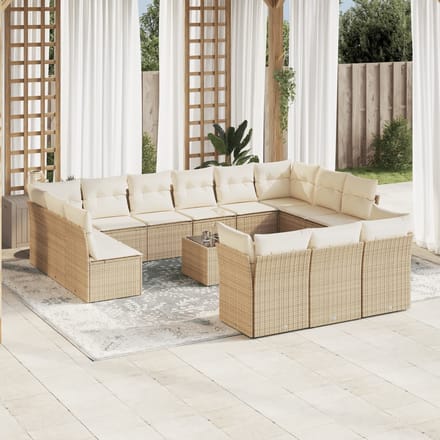 vidaXL - 14-delige - Loungeset - met - kussens - poly - rattan - beige