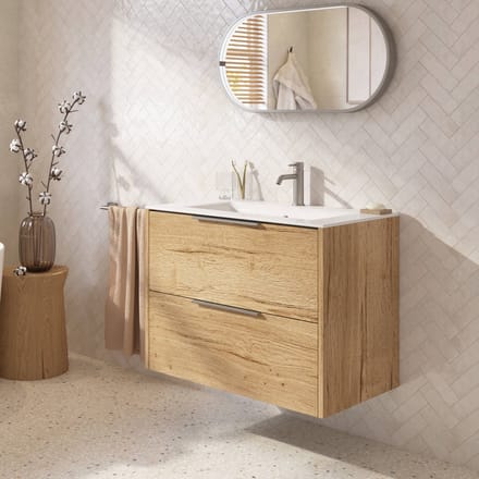 Saqu Lima badmeubel incl. glans witte keramische wastafel 80x51x61cm eiken marcato – rvs greep
