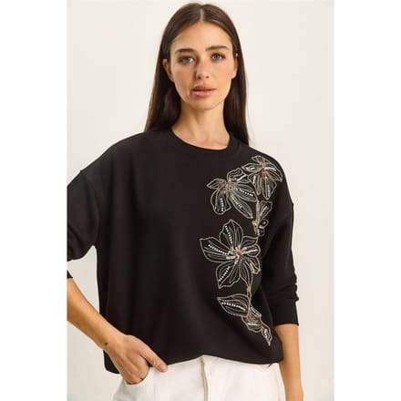 Bloemversierde Ronde Hals Relaxed Fit Sweatshirt