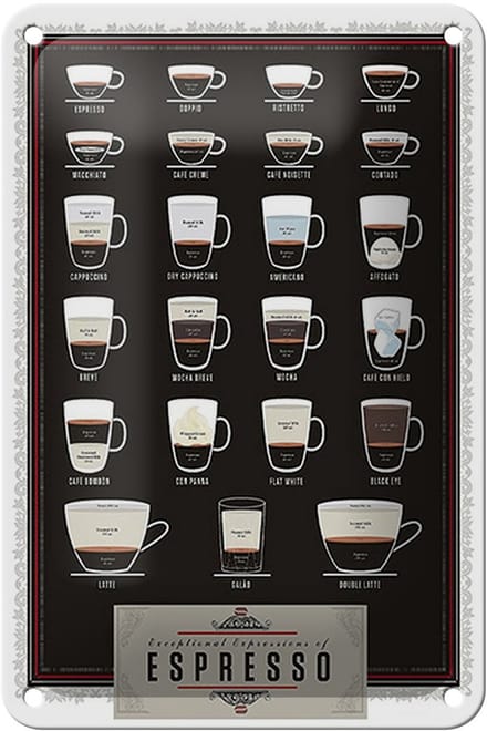 Blechschild Kaffee 12x18cm Sorten Espresso Mocha Americano Dekoration
