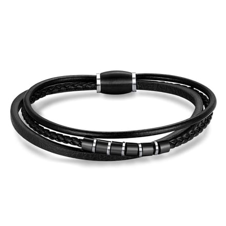 Twice As Nice Armband in edelstaal, zwart leer en mat staal 21cm