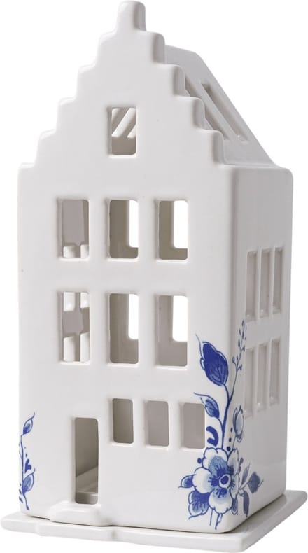 Heinen Delfts Blauw - Waxinelichthouder huis - trapgevel - Delfts blauw - 17 cm
