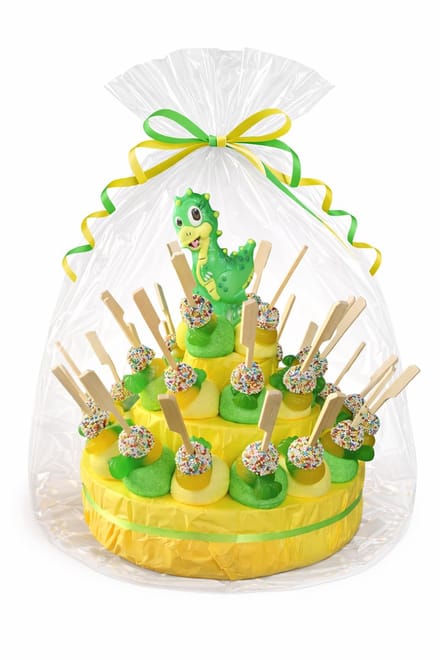 Traktatie Snoeptaart - Dino - Kinderfeest - Verjaardag - 30 traktaties - In cadeauverpakking met gekleurd krullint