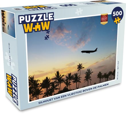 Puzzel Silhouet van een vliegtuig boven de palmen - Legpuzzel - Puzzel 500 stukjes