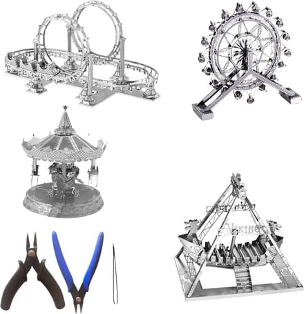 Set van 4 Metalen 3D Puzzels: Achtbaan, Vikingschip, Reuzenrad en Carrousel