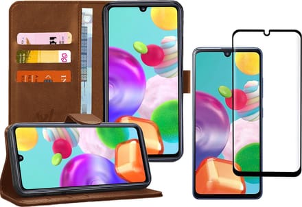Hoesje geschikt voor Samsung Galaxy A41 - Screen Protector FullGuard - Book Case Kunstleer Pasjeshouder Bruin & Screenprotector