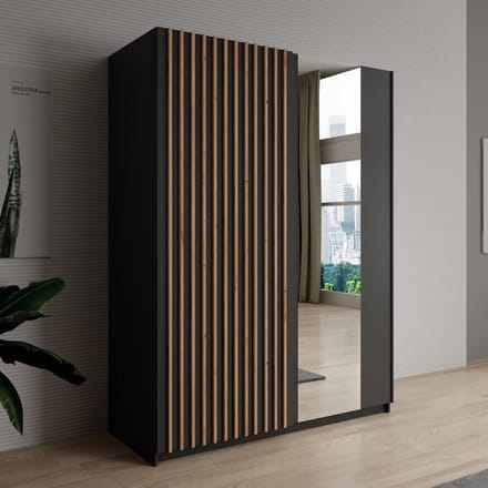 Meubella - Kledingkast Deliryon - Zwart - 150 cm - Met spiegel