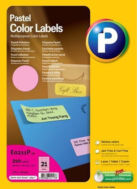 Printec Pastel Roze Etiketten - 10 Vel - 70x42.4mm - 21 Labels Per A4 - 210 Stickers