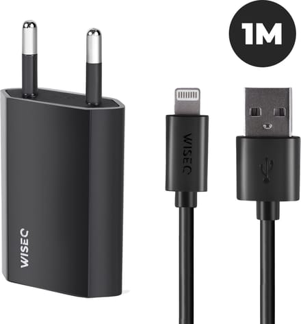 USB oplader geschikt voor iPhone en iPad - inclusief USB naar Lightning oplaadkabel 1 meter - zwart - WiseQ