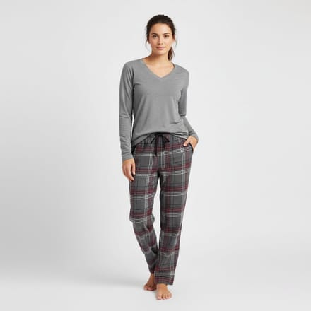 La-V pyjamasets voor dames met geruite flanel broek Grijs/ bordeaux rood S