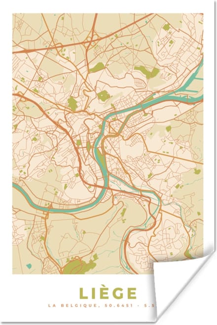 Poster Kaart - Stadskaart - Vintage - Luik - Plattegrond - 40x60 cm