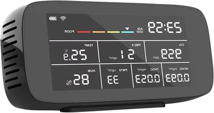 Luchtkwaliteit Detector - Gasmeter Sensor - Binnenlucht Meten - 9 Functies LCD - 188 x 42 x 88 mm - Zwart