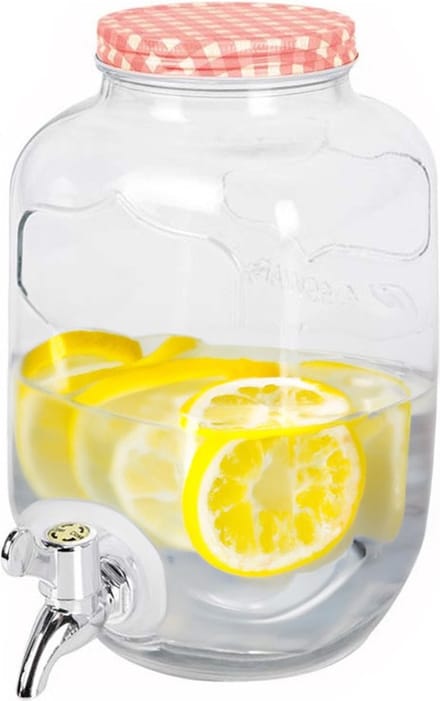 Drankdispenser/limonadetap - met tapje - glas - 4 liter - rood/wit geblokte dop - 15 x 26 cm