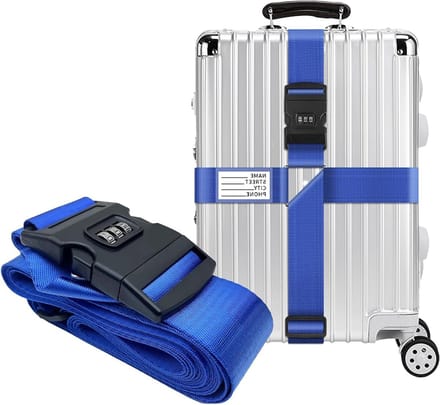 Robuuste en verstelbare kofferband met code, 1 kliksluiting, naamplaatje voor het beveiligen en identificeren van bagage (Blauw)