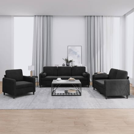 vidaXL - 3-delige - Loungeset - met - kussens - fluweel - zwart