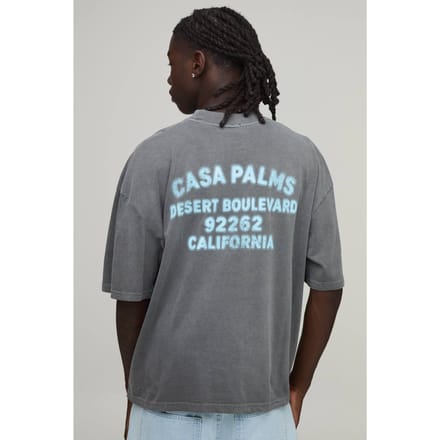 Antraciet Oversized Boxy Gewassen Casa Palms Print T-shirt | Washed Charcoal | Size Large