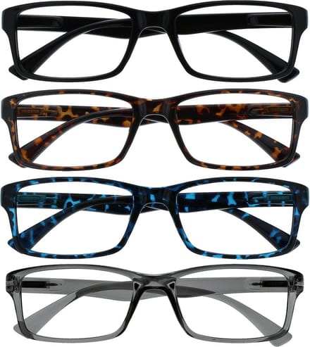 4-Pack Leesbrillen Zwart Bruin Blauw Grijs Ontwerperstijl Met Sterkte +1.00