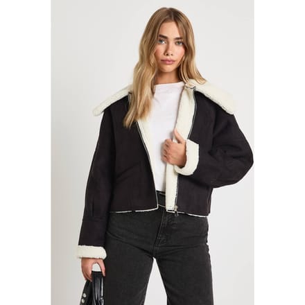 boohoo Dames Teddy Trim nepsuede Aviator | Black | Maat: 8