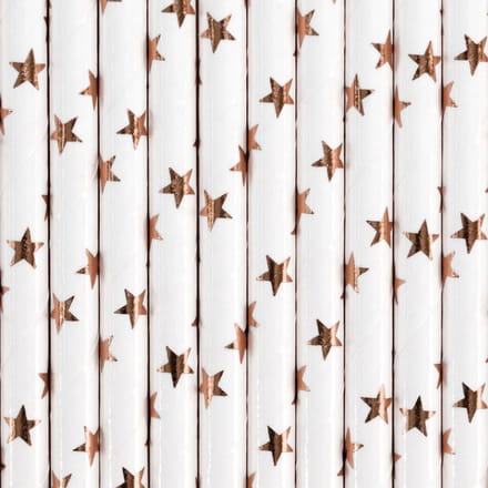 Partydeco Drinkrietjes - papier - 30x - wit/rose goud sterren - 19,5 cm - rietjes