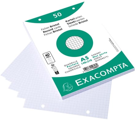 Exacompta 20x Pak 50 steekkaarten in folie - bristol geruit 5x5 geperforeerd - 148x210mm - Wit - 12608E