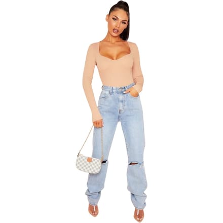Missy Empire Damesbodysuit met cups en geribde lange mouwen (Rose)