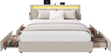 VASAGLE - Bed - LED-verlichting - 4 Lades - Verstelbaar Gestoffeerd Hoofdbord