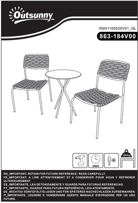 YYchan bistroset voor buiten - 2 personen - grijs - 60 x 46 x 80 cm