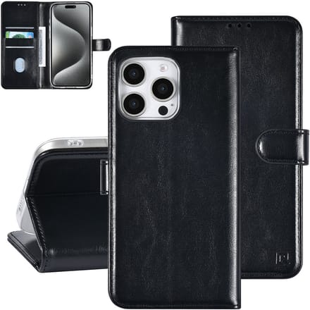 TUNIQ iPhone 16 Pro Max Book Case hoesje Pasjeshouder voor 3 pasjes - Hanger - Zwart