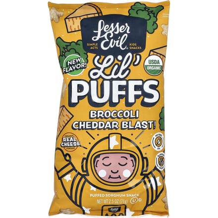 LesserEvil, Lil' Puffs, Broccoli Cheddar Blast, 2,5 oz (71 gram) black