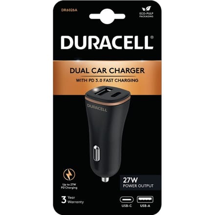 Duracell 27W USB-C en USB-A Power Delivery Autolader Zwart