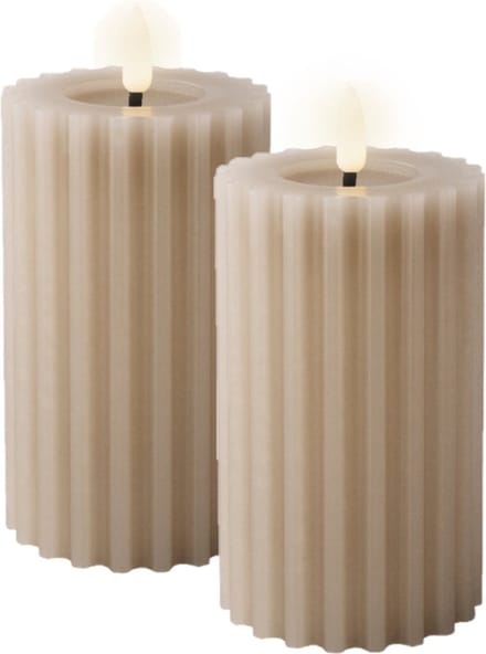 Lumineo Luxe LED kaars/stompkaars - 2x st- lichtgrijs - ribbel - D7,5 x H14,8 cm - timer