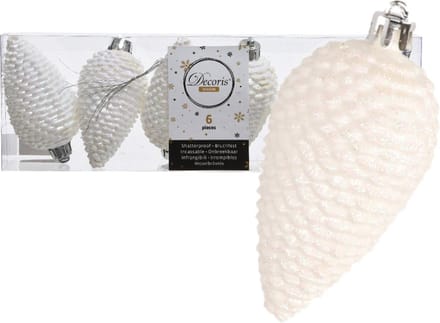 Kerstboom decoratie kerstbal dennenappels wit 6 stuks