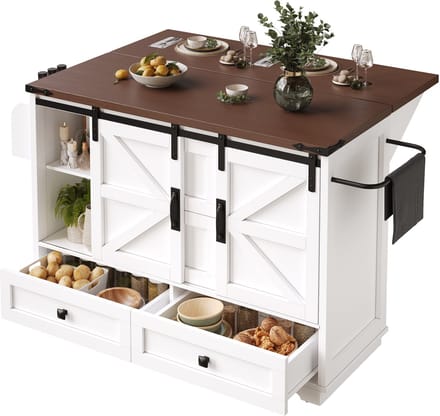 Keukentrolley - Verrijdbaar - Inklapbare Tafel - 3 Lades en 2 Deuren - Hout - Wit