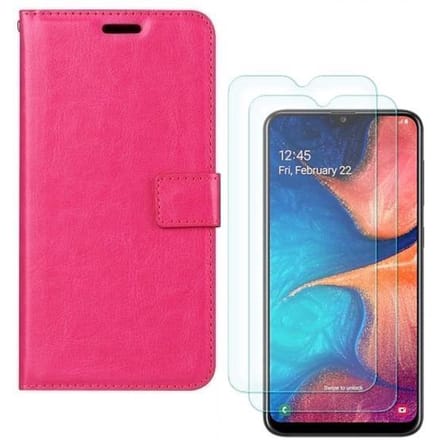 hoesje Geschikt voor: Samsung Galaxy A20E Portemonnee roze met 2 stuks Glas Screen protector