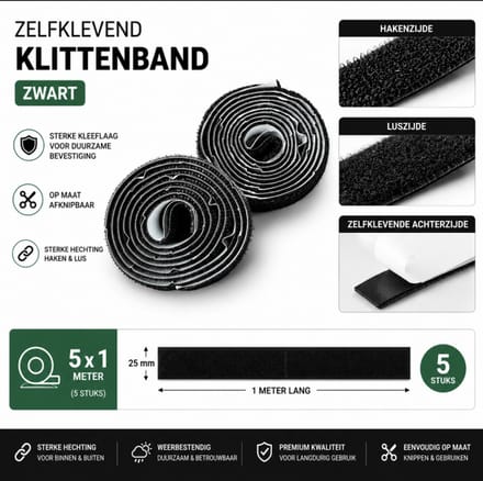 Klittenband plakbaar zwart-25mm-5x 1 meter-haak en lus-