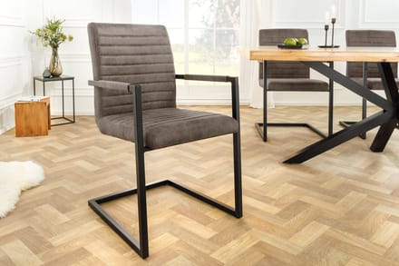 Moderne sledestoel LOFT taupe grijs microvezel met armleuning ijzeren frame zwart - 44409
