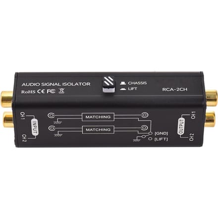 Draagbare 2-kanaals RCA-aardlusisolator Professionele brom-eliminator Audiosignaalisolator zwart