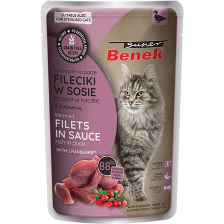 28x 85g Super Benek Gestoomde Graanvrij eendenfilets met veenbessen in saus nat kattenvoer