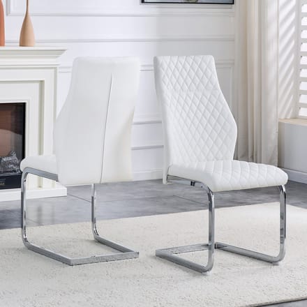 MODFU - Eetkamerstoelen Set Van 2 - Ruitstiksel - Hoge Rugleuning - Modern - Metaal En PU-Leer - Wit En Zilver