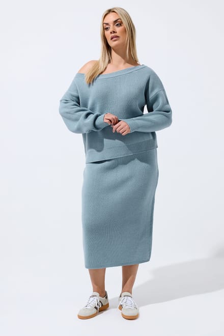 Limited Collection Blauw Gebreide Trui Met Blote Schouders Size 50-52
