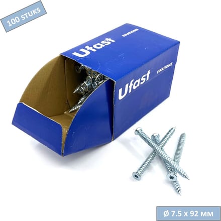 UFAST kozijnschroef Ø 7.5 x 92 mm - Platte kop - Verzinkt - Torx - 100 stuks