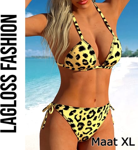 LaGloss® 2-delige Luipaardprint Bikini Set – Sexy Triangelmodel met Striksluiting – Hoog Elastisch – Maat XL