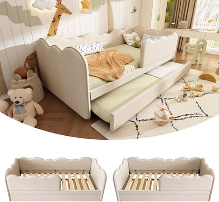 Clruro Slaapbank - 90x190 cm - Daybed met Uitschuifbed en Lattenbodem - Linnen - Beige