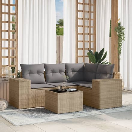 vidaXL - 5-delige - Loungeset - met - kussens - poly - rattan - beige
