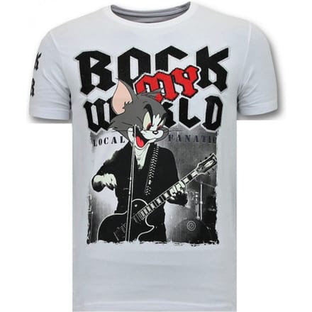 Stoere T-Shirt Heren - Rock My World Cat - Wit