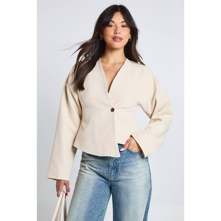boohoo Dames Gouden knoop lange mouw wikkeltop | Ecru | Maat: 42